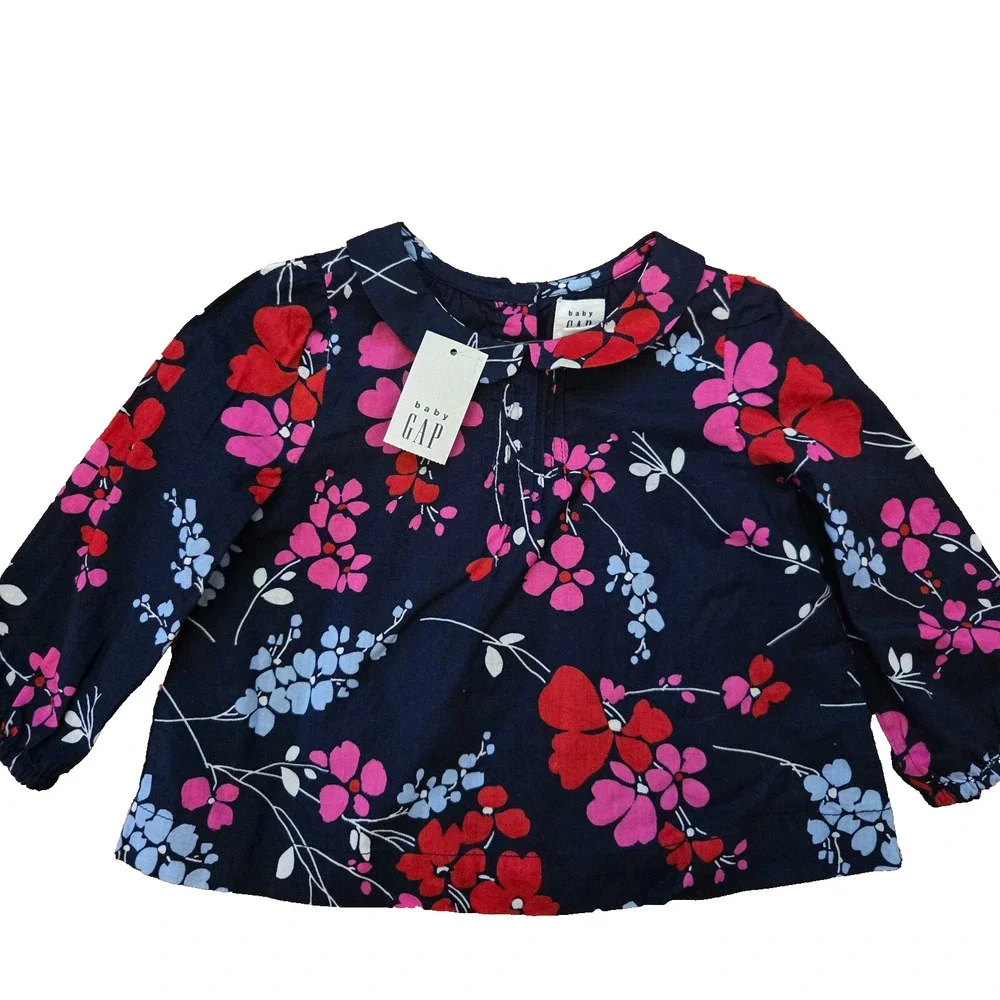 Baby GAP Girls Size 6-12Months Navy Blue Floral Top Shirt‎ Blouse NEW